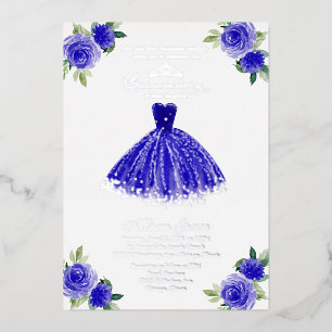 Quinceanera Invitation Floral Royal Blue Gown