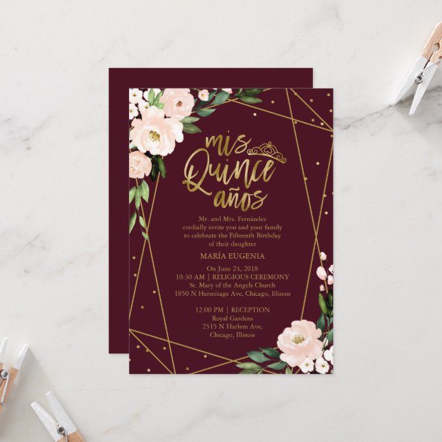 Quinceanera Invitation Gold Burgundy Blush Floral (Front/Back In Situ)
