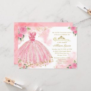 Quinceanera Invitation Gold Foil Hot Pink Gown