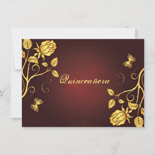 Quinceanera Invitation Gold Foil on Burgundy, (Front)
