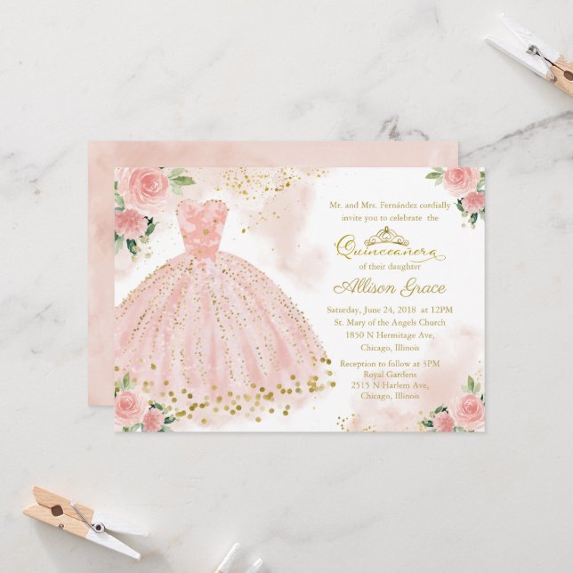 Quinceanera Invitation Gold Foil Pink Blush Gown (Front/Back In Situ)