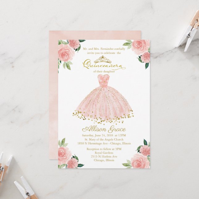 Quinceanera Invitation Gold Foil Pink Blush Gown (Front/Back In Situ)
