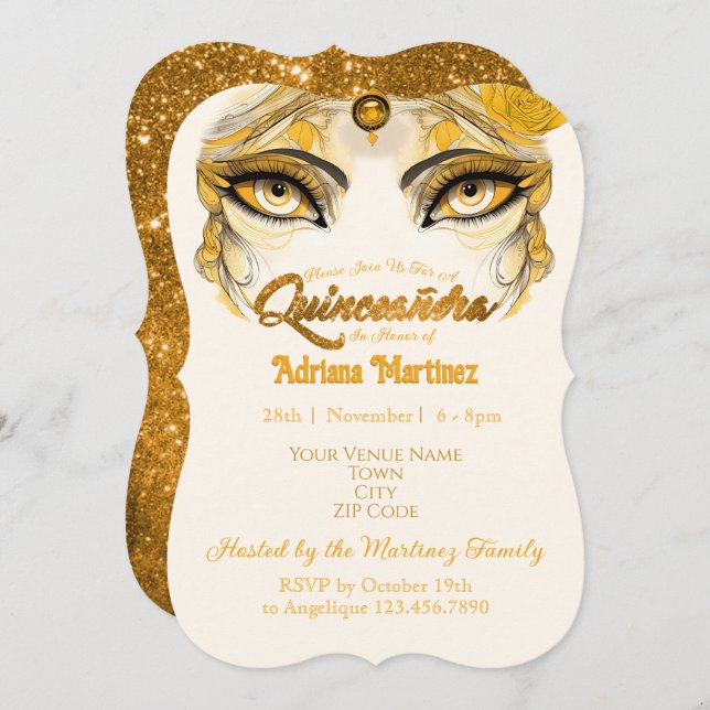 Quinceañera Invitation Gold Glitter (Front/Back)