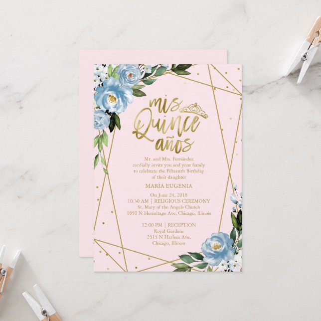 Quinceanera Invitation Gold Pink Floral (Front/Back In Situ)