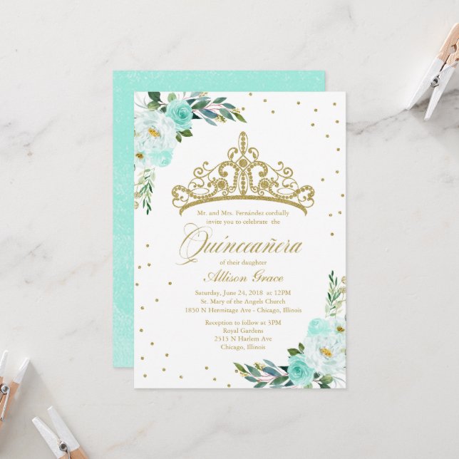 Quinceanera Invitation Gold Tiara And Teal Flowers (Front/Back In Situ)