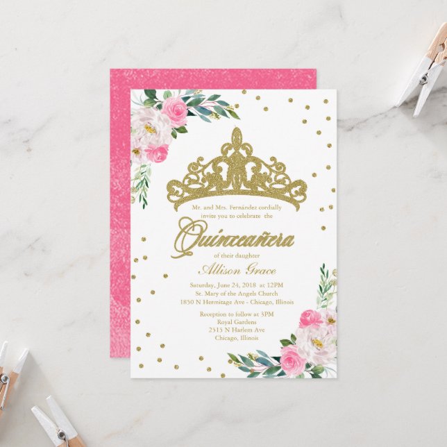Quinceanera Invitation Gold Tiara Hot Pink Flowers (Front/Back In Situ)