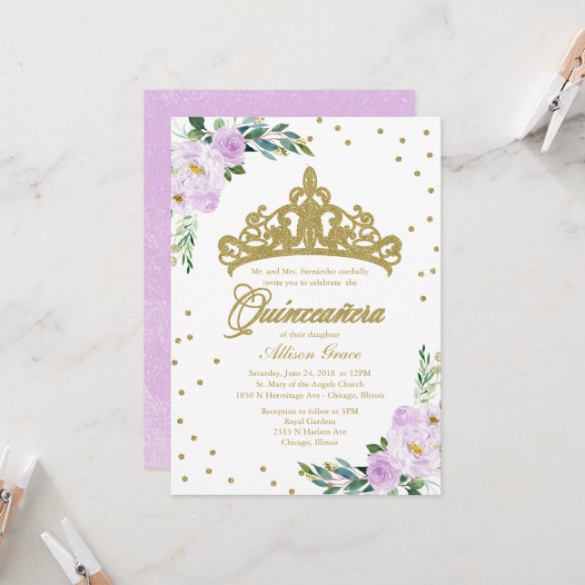Quinceanera Invitation Gold Tiara Lilac Flowers (Front/Back In Situ)
