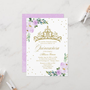 Quinceanera Invitation Gold Tiara Lilac Flowers