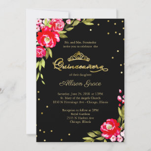 Quinceanera Invitation Hot Pink Floral On Black