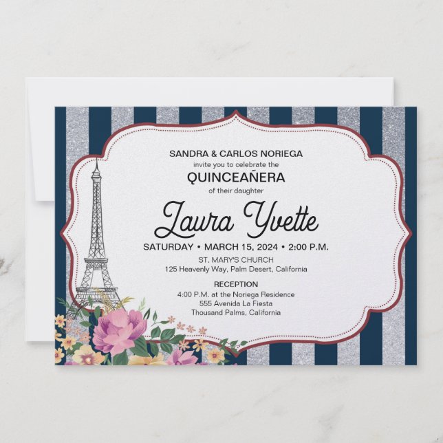 Quinceañera Invitation, Paris Theme, Eiffel Tower Invitation (Front)