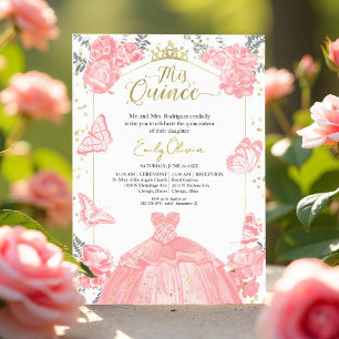 Quinceanera Invitation Pink Dress Floral Gold Foil