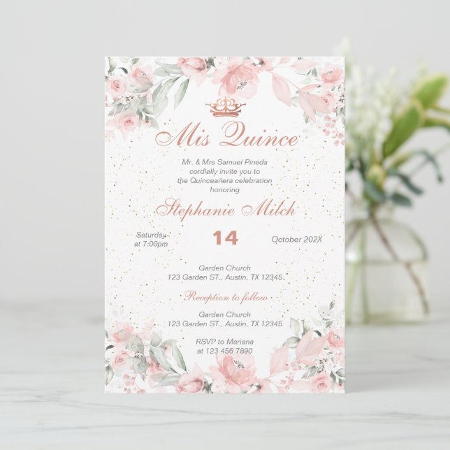 Quinceanera Invitation pink floral (Standing Front)