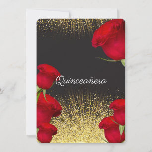 Quinceanera Invitation, Red Roses, Gold Glitter Invitation