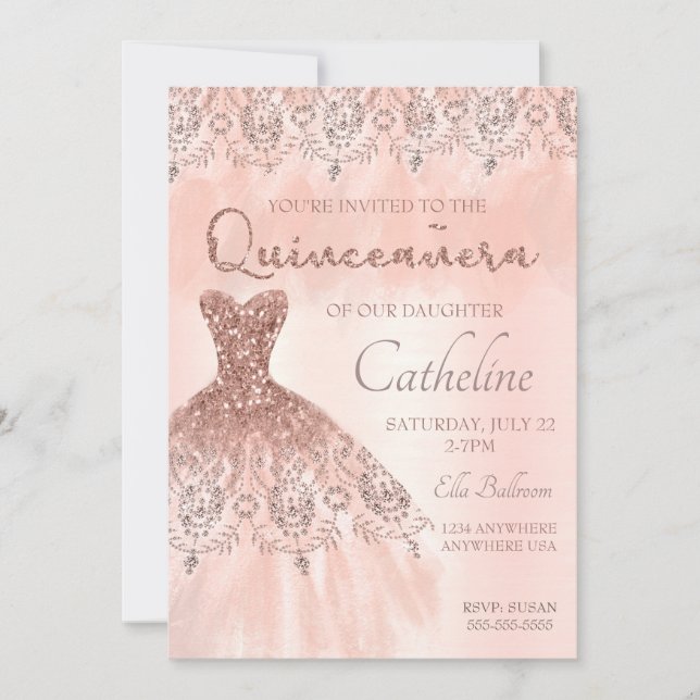 Quinceanera Invitation rose gold, 15th birthday (Front)