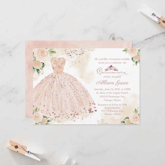Quinceanera Invitation Rose Gold Pink Blush Gown (Front/Back In Situ)