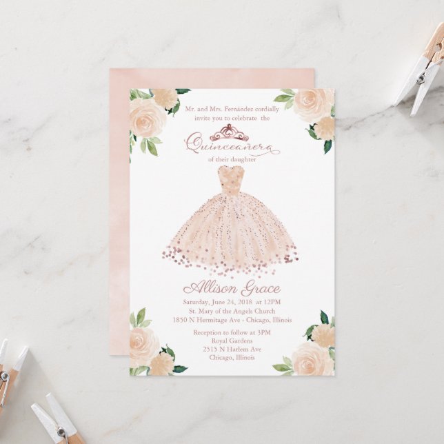 Quinceanera Invitation Rose Gold Pink Blush Gown (Front/Back In Situ)