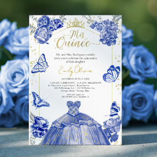 Quinceanera Invitation Royal Blue Dress Floral