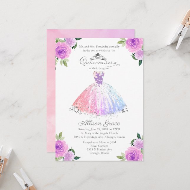 Quinceanera Invitation Silver Colourful Floral Gow (Front/Back In Situ)
