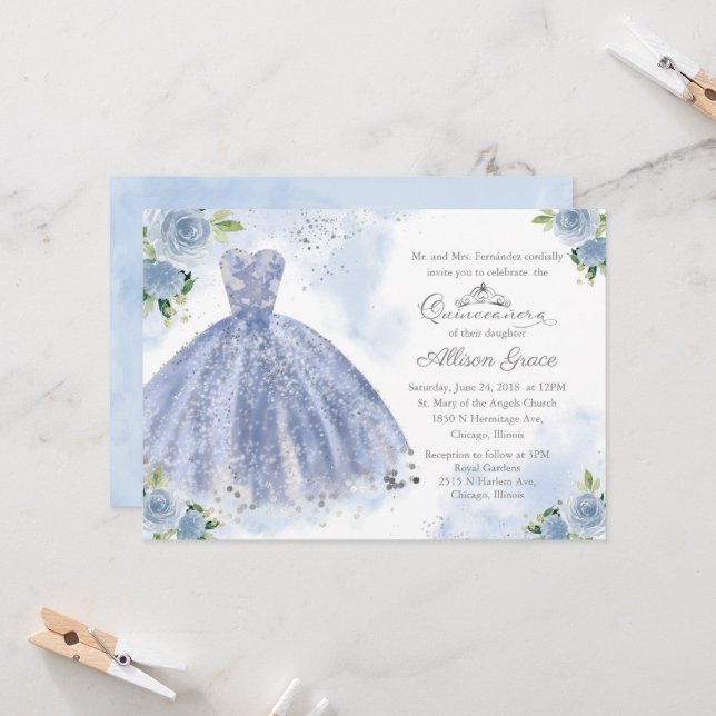 Quinceanera Invitation Silver Light Blue Gown (Front/Back In Situ)