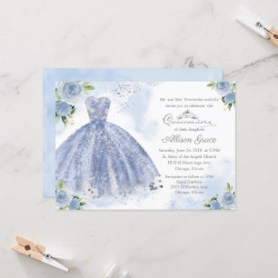 Quinceanera Invitation Silver Light Blue Gown