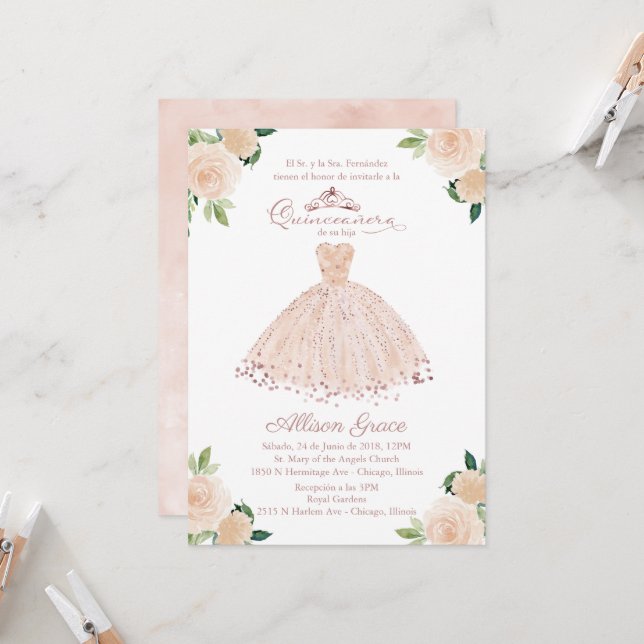 Quinceanera Invitation Spanish Blush Gown Floral (Front/Back In Situ)