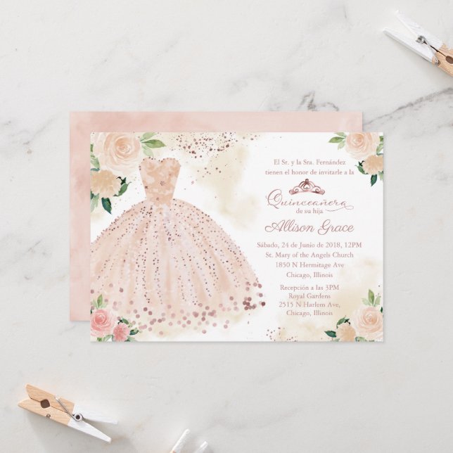 Quinceanera Invitation Spanish Blush Rose Gold (Front/Back In Situ)