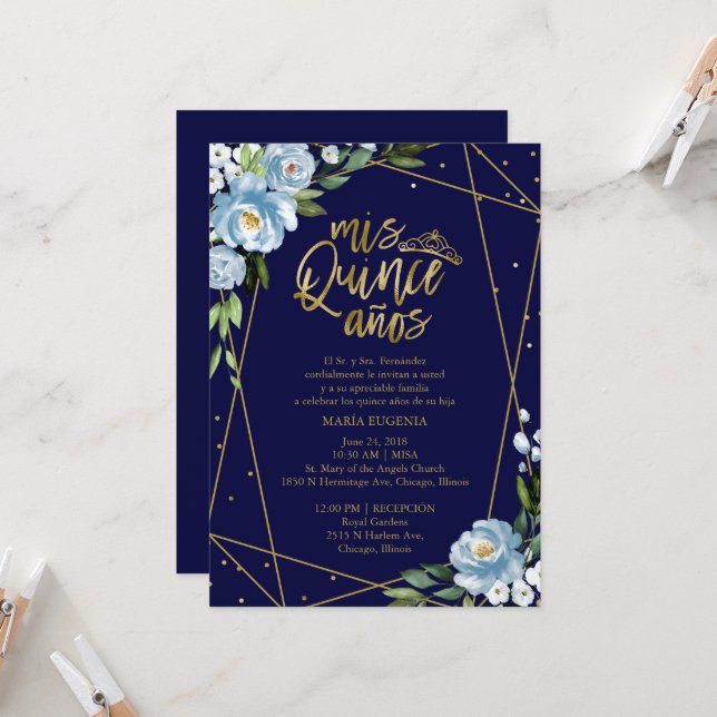 Quinceanera Invitation Spanish Dark Blue Gold Foil (Front/Back In Situ)