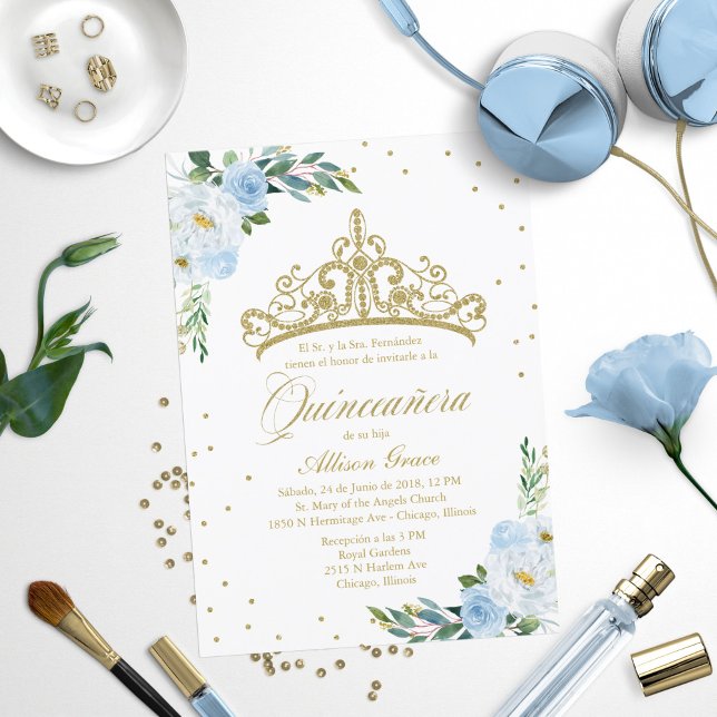 Quinceanera Invitation Spanish Gold Tiara Blue  (Creator Uploaded)