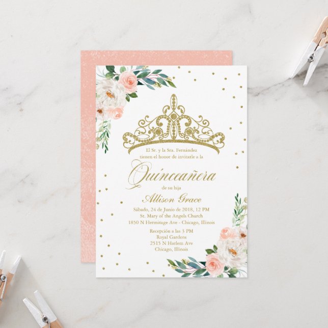 Quinceanera Invitation Spanish Gold Tiara Blush (Front/Back In Situ)