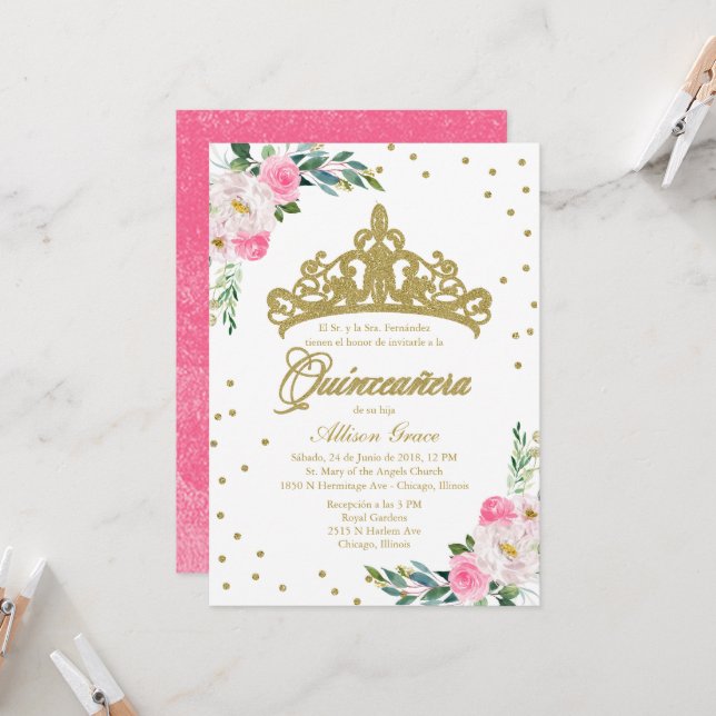 Quinceanera Invitation Spanish Gold Tiara Hot Pink (Front/Back In Situ)