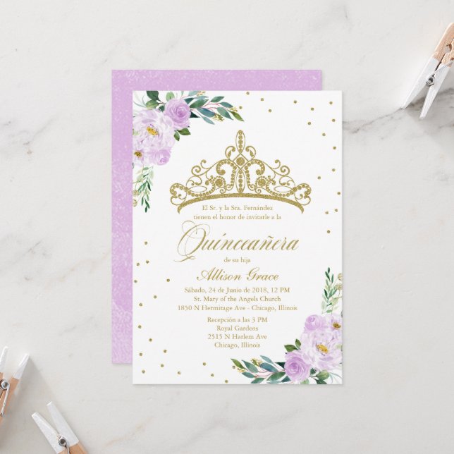 Quinceanera Invitation Spanish Gold Tiara Lilac (Front/Back In Situ)