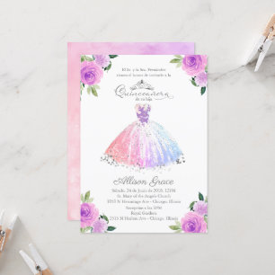 Quinceanera Invitation Spanish Pastel Colours Gown
