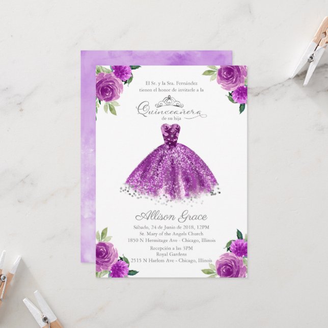 Quinceanera Invitation Spanish Purple Gown Floral (Front/Back In Situ)
