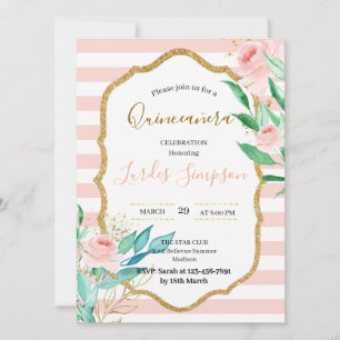 Quinceañera invitation Stripe Floral Pink