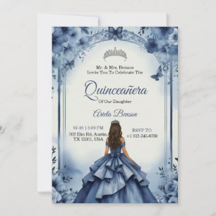 Quinceanera Invitation with a girl in blue gown