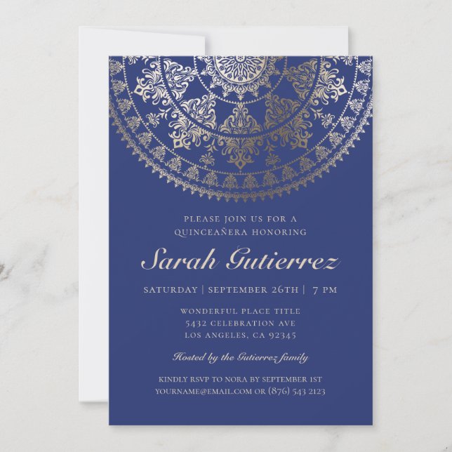 Quinceañera Invitations Gold Foil Solar Mandala (Front)