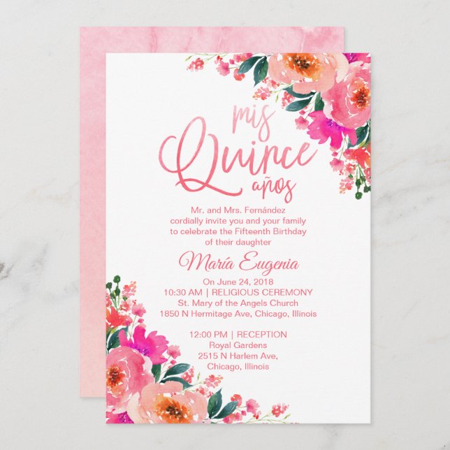 Quinceanera Invitations Hot Pink Floral (Front/Back)