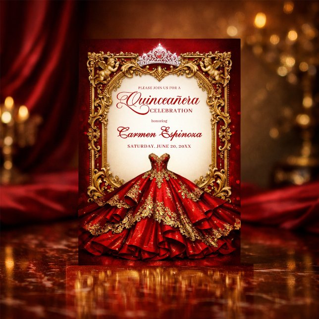 Quinceañera Invitations Red & Gold Royal Ball Gown (Creator Uploaded)
