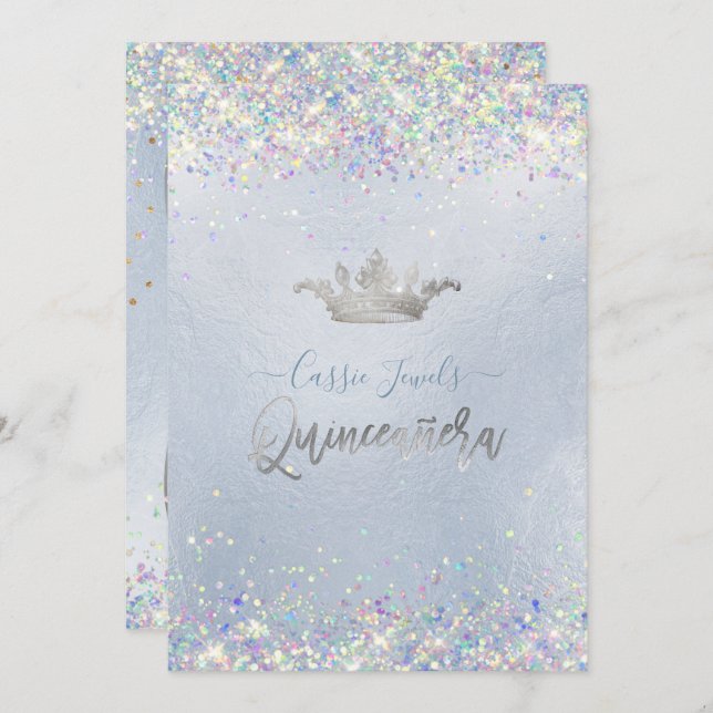 Quinceanera Iridescent Confetti+Princess Crown Invitation (Front/Back)