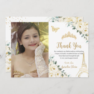 Quinceañera Ivory Floral Paris 16th Birthday Photo Thank You Card