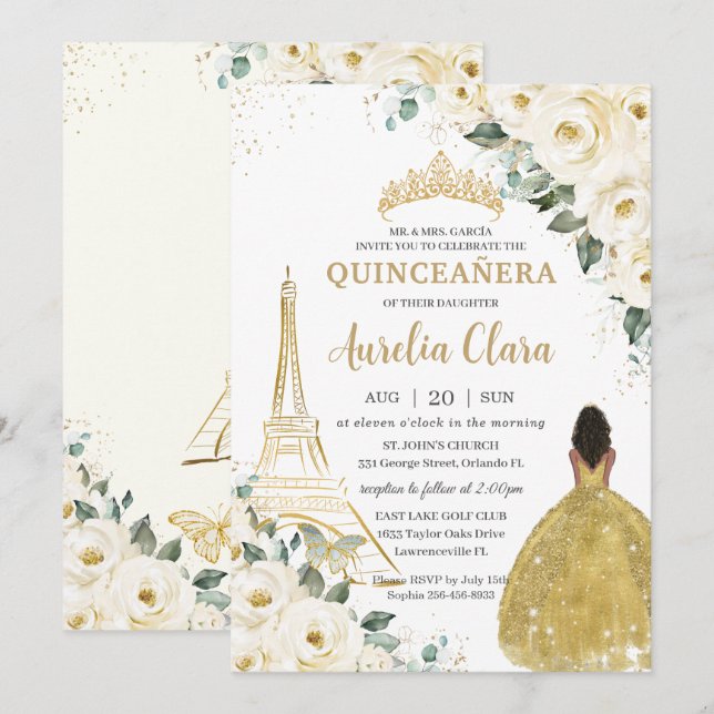Quinceañera Ivory Floral Paris Gold Brown Princess Invitation (Front/Back)