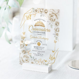 Quinceanera Ivory Gold Cream Floral Acrylic Invitations