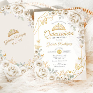 Quinceanera Ivory  Gold Cream Floral Invitation