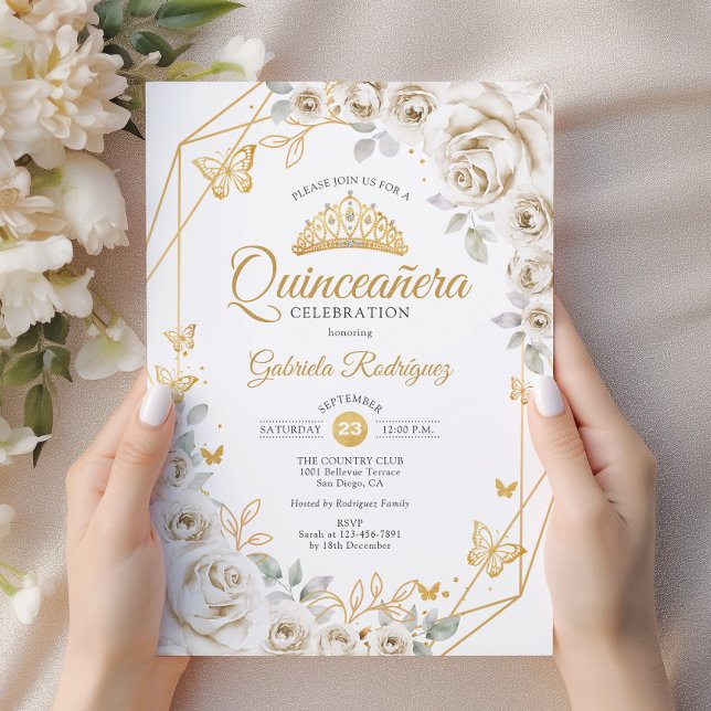 Quinceanera Ivory  Gold Cream Floral Invitation (Creator Uploaded)