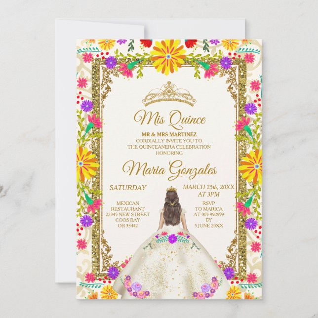Quinceanera Ivory White Colourful Flowers Birthday Invitation (Front)