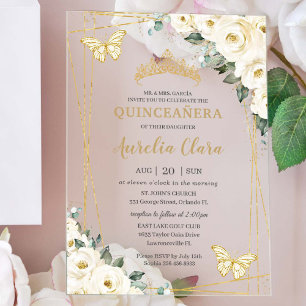 Quinceañera Ivory White Floral Butterflies Crown Acrylic Invitations