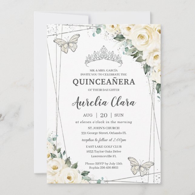 Quinceañera Ivory White Floral Butterflies Crown I Invitation (Front)