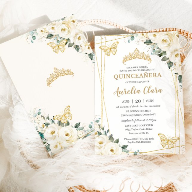 Quinceañera Ivory White Floral Butterflies Crown Invitation (Creator Uploaded)
