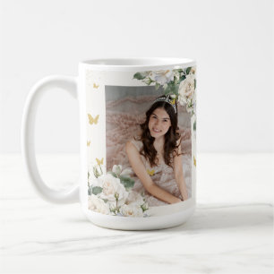 Quinceañera Ivory White Floral Dress Princess Gold Coffee Mug