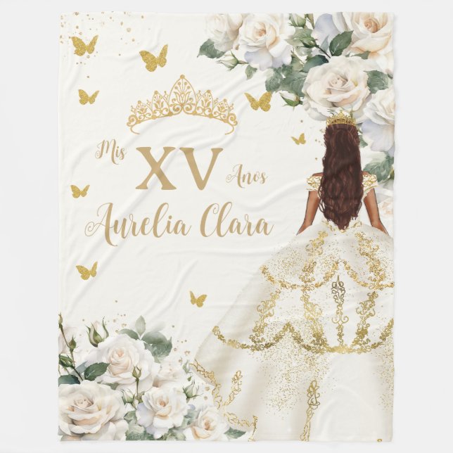 Quinceañera Ivory White Floral Dress Princess Gold Fleece Blanket (Front)
